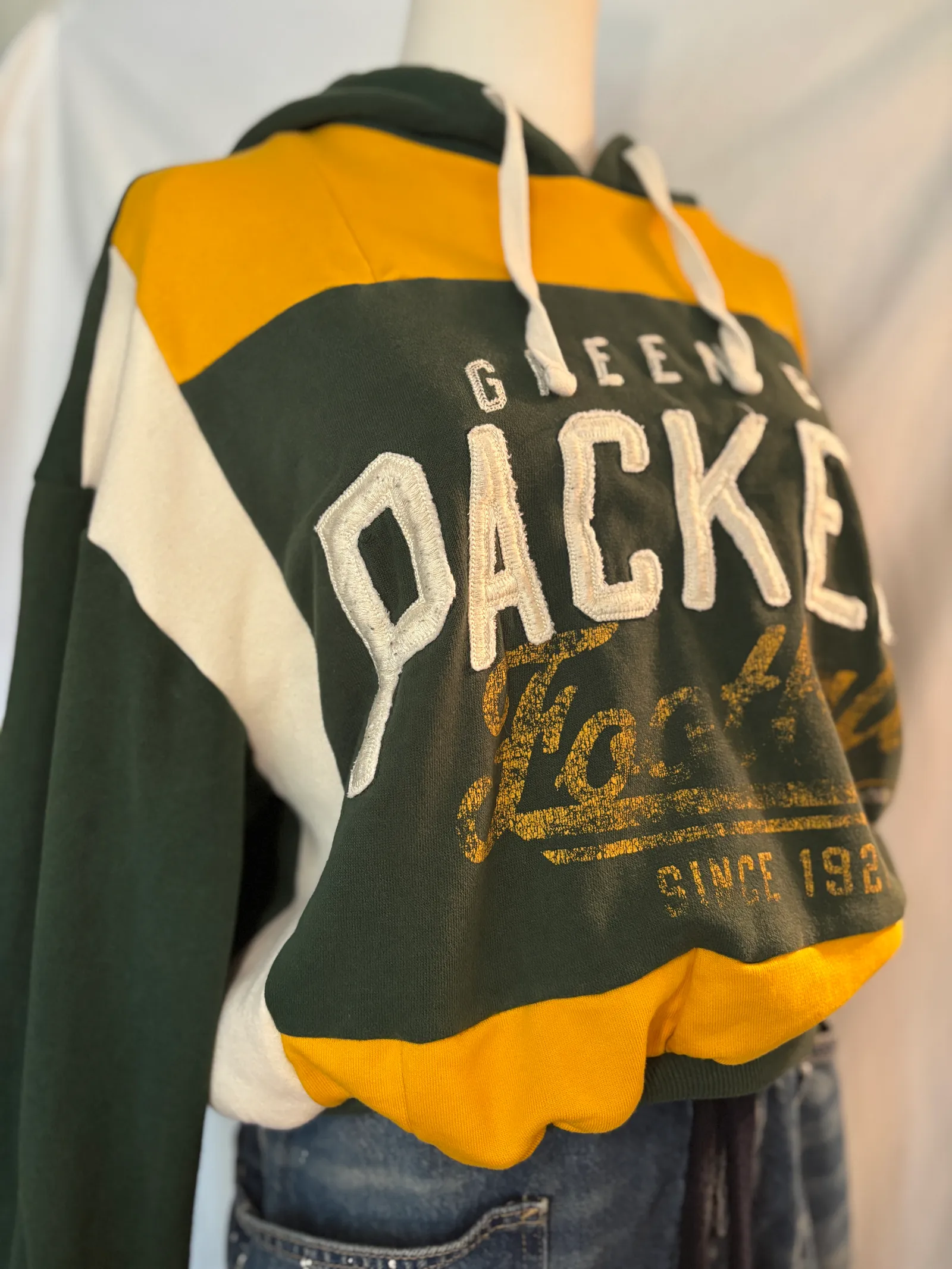 One-of-a-kind Green Bay Packers hoodie made from upcycled fan gear
