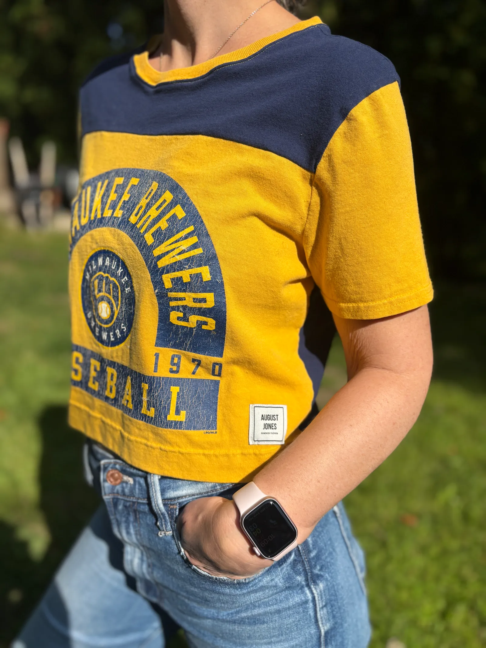Custom cropped Milwaukee Brewers t-shirt made from upcycled fan gear