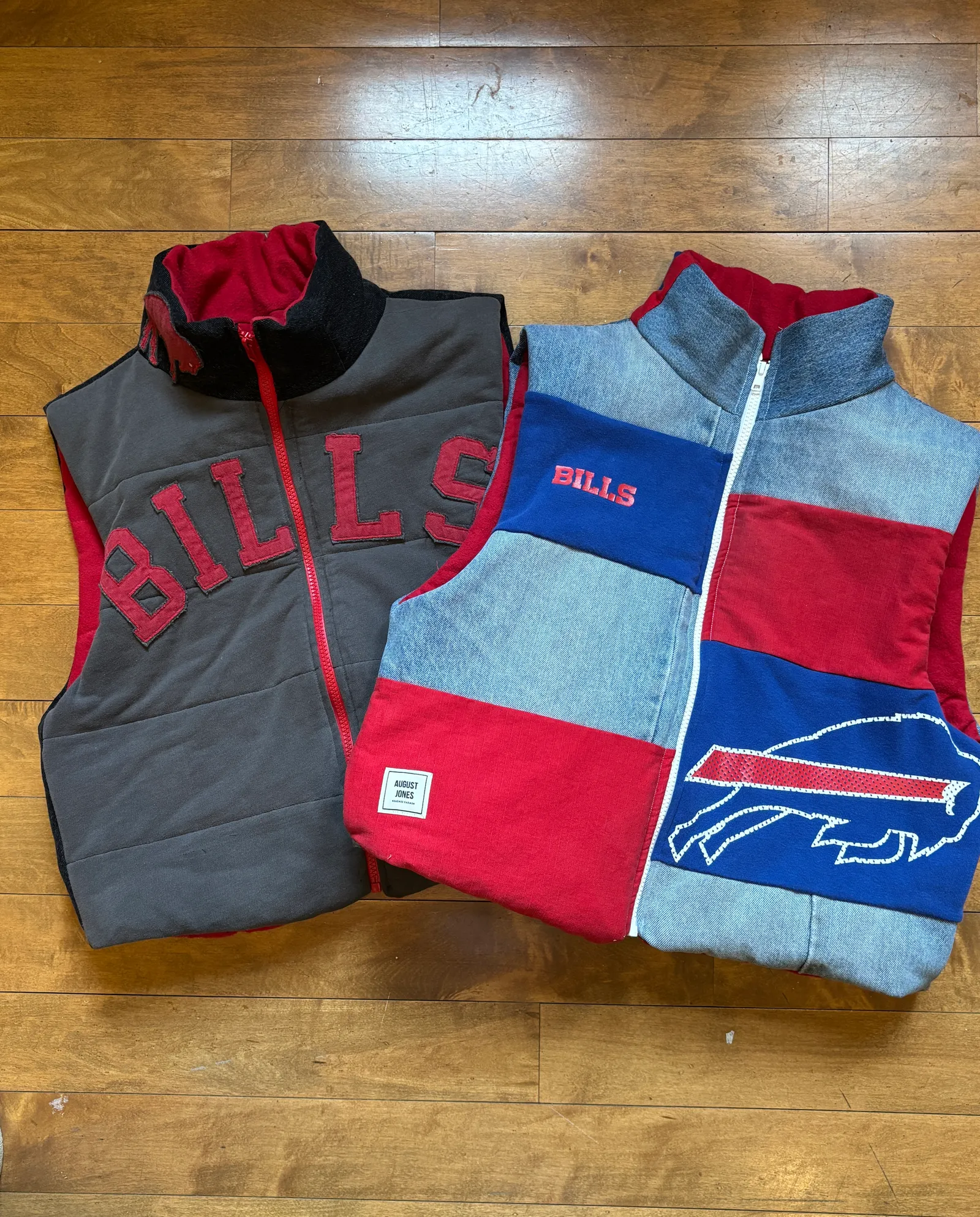 Hand-made upcycled sports jersey puffer vest by August Jones